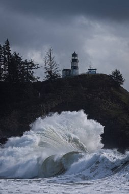 Washington sahilindeki gelgit fırtınası sırasında, Cape Hayal kırıklığı Eyalet Parkı 'nda deniz fenerinin altında büyük bir dalga var.