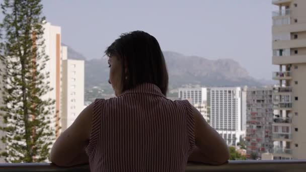 Young Woman Enjoying Summer Vacation Balcony Back View Terrace Skyscrapers — Αρχείο Βίντεο