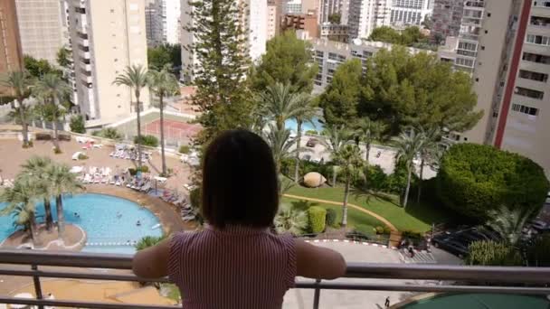 Young Woman Balcony Enjoying Summer Vacation Unrecognizable Woman Terrace Hotel — Wideo stockowe