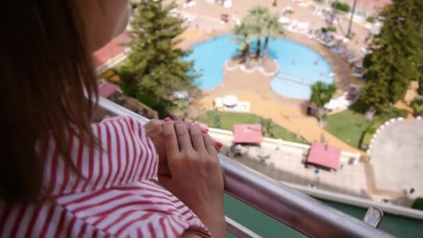 Young Woman Enjoying Summer Vacation Balcony Womans Hands Resting Her — Vídeo de Stock