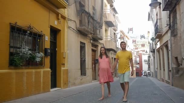 Happy Pregnant Woman Man Walking Narrow Streets Summer Town Carefree — Video Stock
