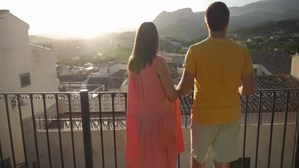 Pregnant Young Caucasian Woman Man Looking Out Town Mountains Elevated — Video Stock