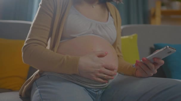 Une jeune femme enceinte méconnaissable utilise un smartphone alors qu'elle est assise sur le canapé à la maison — Video