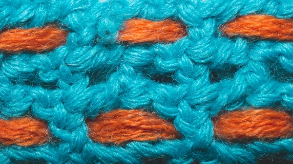 Μπλε Μάλλινο Ύφασμα Πορτοκαλί Κλωστές Πλεκτό Φόντο Από Κοντά — Φωτογραφία Αρχείου