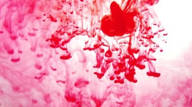 Suyun arka planında kırmızı boya var. Sıvı mürekkep. Sıvıdaki renkli sıçramalar