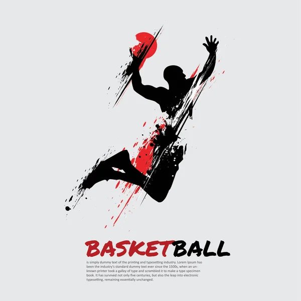 Ilustración Jugador Baloncesto Masculino Golpeando Pelota Saltando Una Gran Silueta — Vector de stock