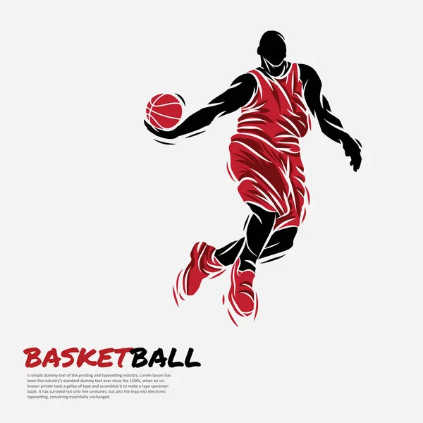 Ilustración Jugador Baloncesto Masculino Golpeando Pelota Saltando Una Gran Silueta — Vector de stock