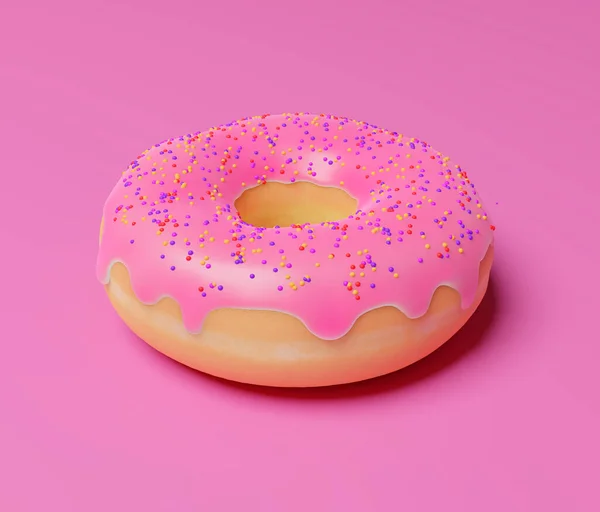 Πολύχρωμο Ντόνατ Διακοσμημένο Κερασάκι Και Τρούφα Απομονωμένο Ροζ Φόντο Απόδοση — Φωτογραφία Αρχείου