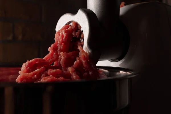 Process Preparing Forcemeat Means Meat Grinder Fresh Red Mincing Close — Stock Photo, Image