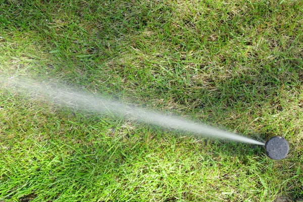 Jardim gramado sistema de irrigação. Aspersor de relva automática regar grama verde. Foco seletivo. — Fotografia de Stock