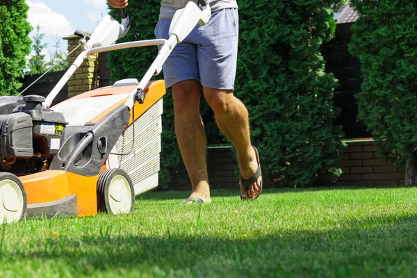 Man mowing the lawn with lawn mower in summer. Spring season sunny lawn mowing in the garden