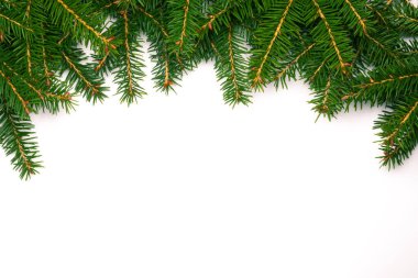 Noel ağacı konsepti. Kopya alanı olan Noel ağacı dallarından yapılmış bir düzen. Düz yatıyordu. Yeni yıl konsepti.