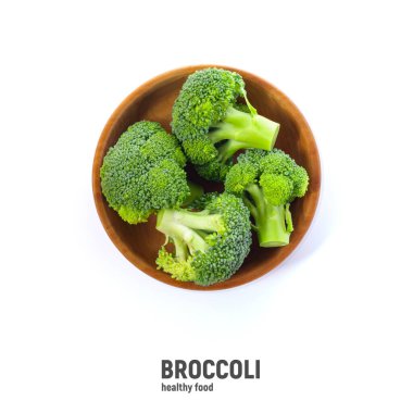 Broccoli in wooden bowl, isolated on white background, top view