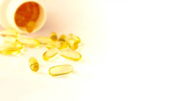 Fish Oil Pills Omega Gel Capsules Bottle Blurred Background — Stock fotografie