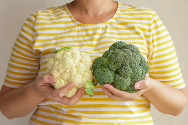 Woman Holding Broccoli Cauliflower Front Her Breasts Healthcare Medicine Breast — Stock Photo, Image
