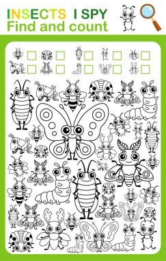 Boyama kitabı sayfasında casusluk yapıyorum. Böcekleri say ve renklendir. Anaokulu ve anaokulu için basılabilir çalışma tablosu