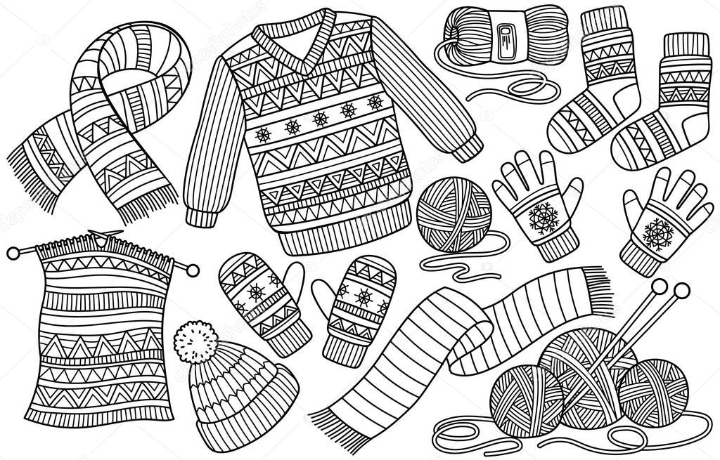 Winter clothes coloring book. Knitted hat and scarf, socks, gloves, Christmas sweater isolated on white background in doodle style