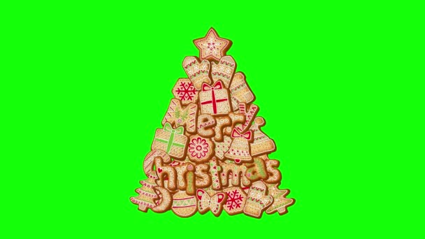 Zencefilli Kurabiye Noel Ağacıyla Mutlu Noeller Animasyon Afişi Yeşil Ekranda — Stok video