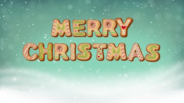 Merry Christmas Animated Text Banner Gingerbread Cookies Winter Christmas Background — Stock Video