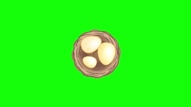 祝复活节快乐 并以明亮的复活节彩蛋筑巢 4K卡通动画在绿色屏幕上 彩色背景透明使用 — 图库视频影像