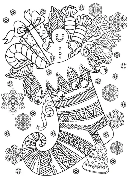 Lindo Calcetín Punto Navidad Para Regalos Santa Claus Vector Mandala — Vector de stock