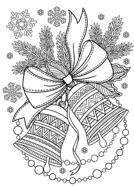 Christmas Bells Branches Vector Mandala Coloring Book Adults Page Coloring — Stock Vector