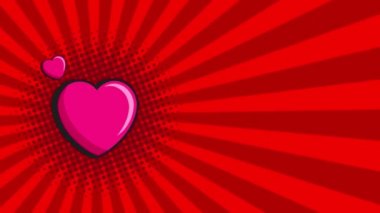 Sevgililer Günü için Kırmızı Pop Art arka planı. Radyal çizgileri olan kırmızı arka plan ve kalp sembollü noktalar. Metin için 4K canlandırılmış şablon