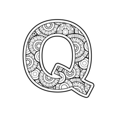 Yetişkinler için boyama sayfası. Mandala arka planında Contour Capital İngilizce Q harfi