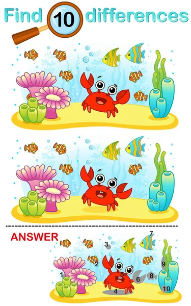 子供のためのベクトル論理ゲーム 写真の違いを見つけます 水中世界 明るいサンゴの魚やカニ — ストックベクタ