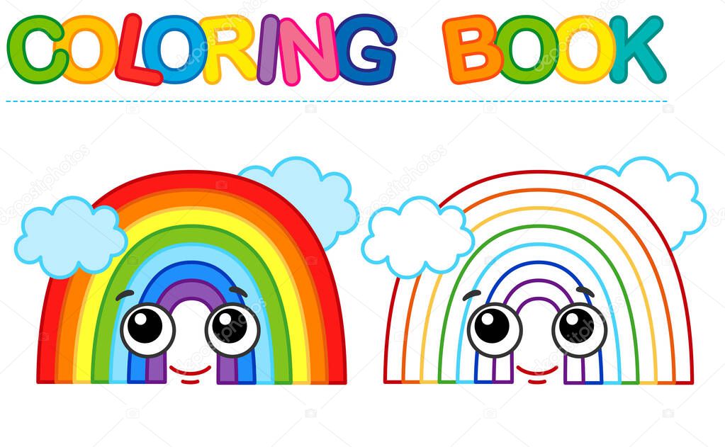 Coloring page funny smiling rainbow. Coloring book for childrens activity