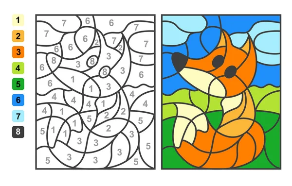 简单的矢量着色野生动物狐狸 颜色通过数字 用于儿童教育的益智游戏 — 图库矢量图片