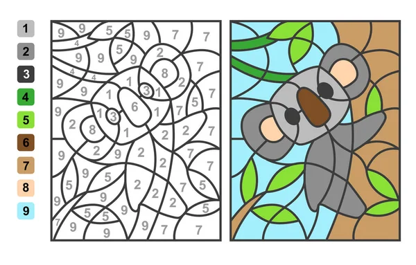 简单的载体着色动物园动物树袋熊 颜色以数字表示 用于儿童教育的益智游戏 — 图库矢量图片