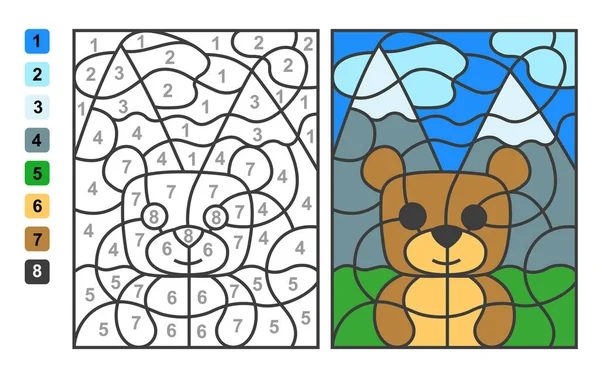 简单的矢量着色野生动物熊 颜色通过数字 用于儿童教育的益智游戏 — 图库矢量图片