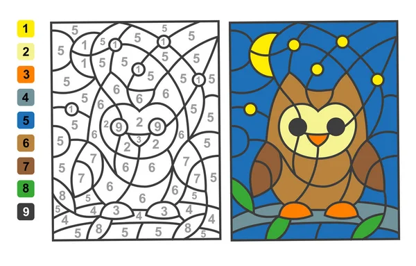 简单的矢量着色野生动物鸟猫头鹰 颜色由数字 用于儿童教育的益智游戏 — 图库矢量图片