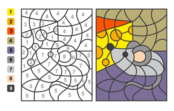 简单的矢量着色农场动物鼠标 颜色通过数字 用于儿童教育的益智游戏 — 图库矢量图片