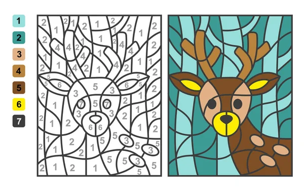 简单的矢量着色野生动物鹿 颜色通过数字 用于儿童教育的益智游戏 — 图库矢量图片