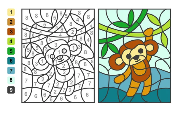 Simple Vector Para Colorear Mono Animal Zoológico Color Por Números — Vector de stock