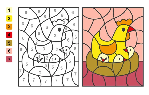 颜色以数字表示 小鸡在窝里 儿童教育 绘图和学习数学的猜谜游戏 — 图库矢量图片