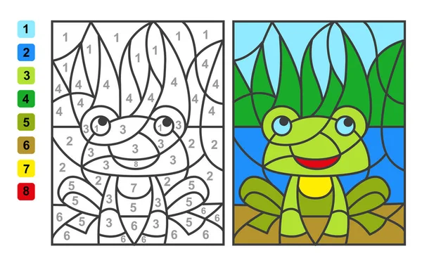 绿色青蛙的颜色以数字表示 用于儿童教育的益智游戏 用于绘图和学习数学的数字和颜色 — 图库矢量图片