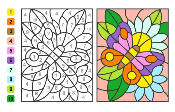 用数字表示颜色昆虫蝴蝶在花朵上 用于儿童教育的益智游戏 用于绘图和学习数学的数字和颜色 — 图库矢量图片