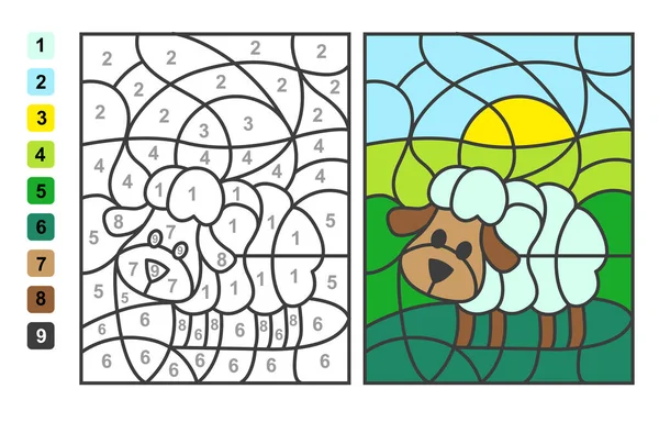草场上的羊按数量来决定颜色 儿童教育 绘图和学习数学的益智游戏 — 图库矢量图片