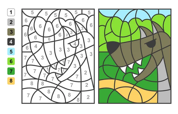 颜色由数量决定 动物是狼 儿童教育 绘图和学习数学的益智游戏 — 图库矢量图片