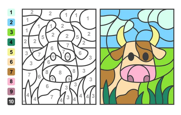 草场上的奶牛是用数字表示的颜色 儿童教育 绘图和学习数学的益智游戏 — 图库矢量图片