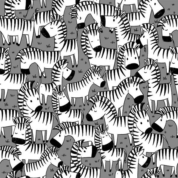 Funny Animals Herd Zebras Doodle Style Black White Vector Seamless — Stock Vector