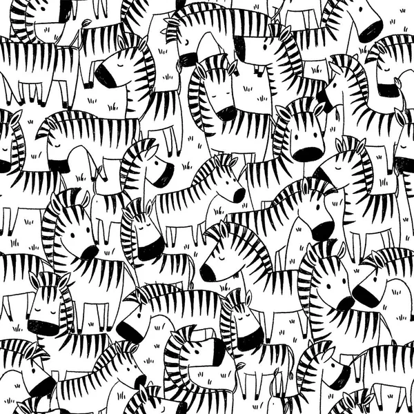 Funny Animals Herd Zebras Doodle Style Black White Vector Seamless — Stock Vector