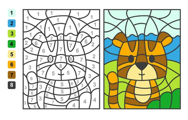 用数字表示颜色老虎动物 儿童教育 绘图和学习数学的益智游戏 — 图库矢量图片
