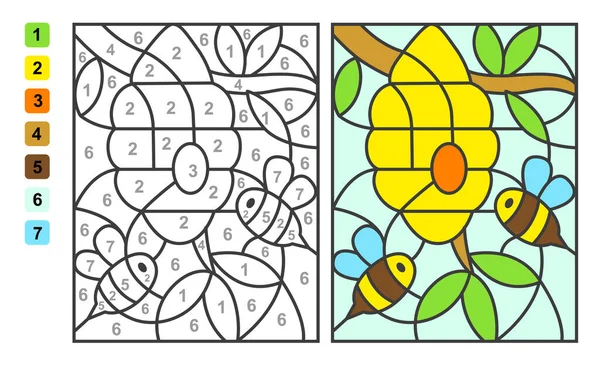 蜜蜂昆虫的颜色 儿童教育 绘图和学习数学的益智游戏 — 图库矢量图片