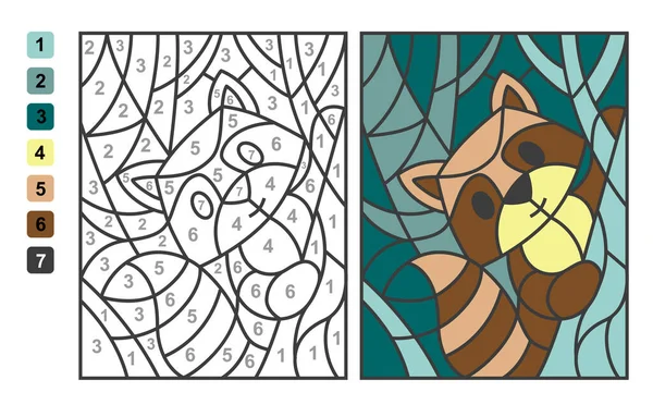 用数字表示的颜色浣熊动物 儿童教育 绘图和学习数学的益智游戏 — 图库矢量图片