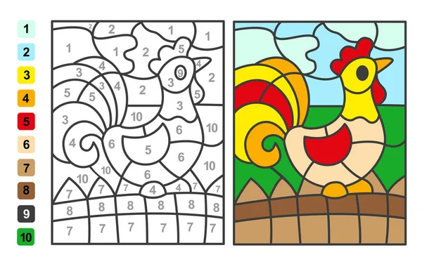 Color Por Números Gallo Animal Puzzle Juego Para Niños Educación — Vector de stock