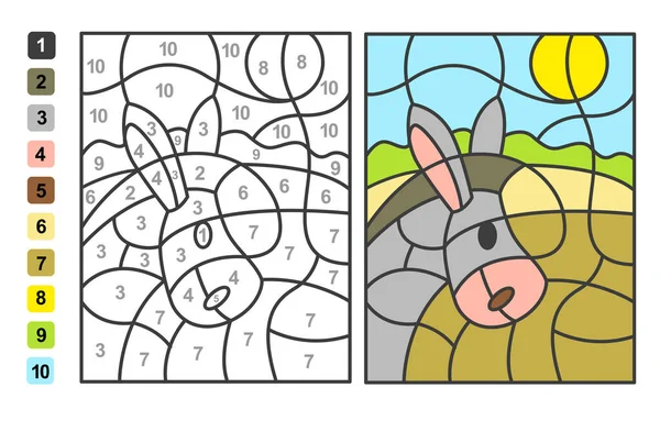 用数字表示颜色驴动物 儿童教育 绘图和学习数学的益智游戏 — 图库矢量图片